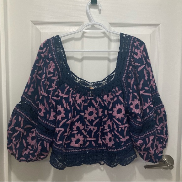 Free People Embroidered Crop Blouse Blue and Pink - Picture 2 of 8